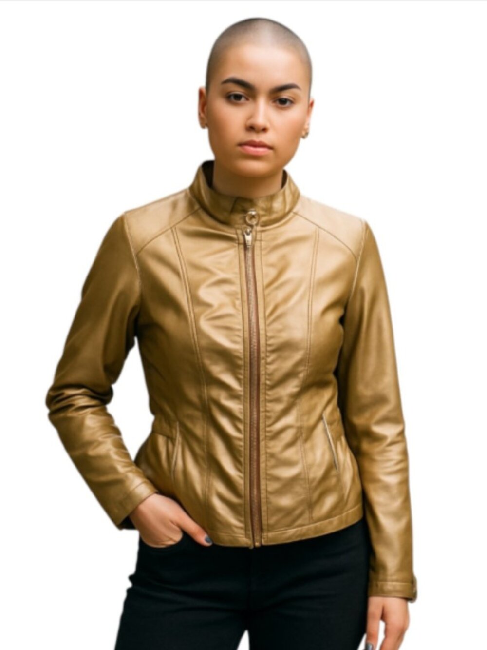Baccini Medium Gold Faux Leather Jacket Viscose Pockets Long Sleeves Shirred